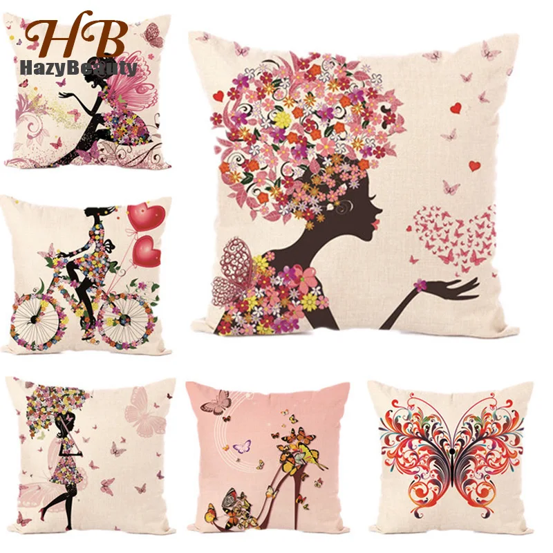 

18x18 Flower Butterfly Girl Cushion Covers Cotton Linen Pillow Covers Throw Wedding Decorative Pillowcase Flower Fairy Pillows