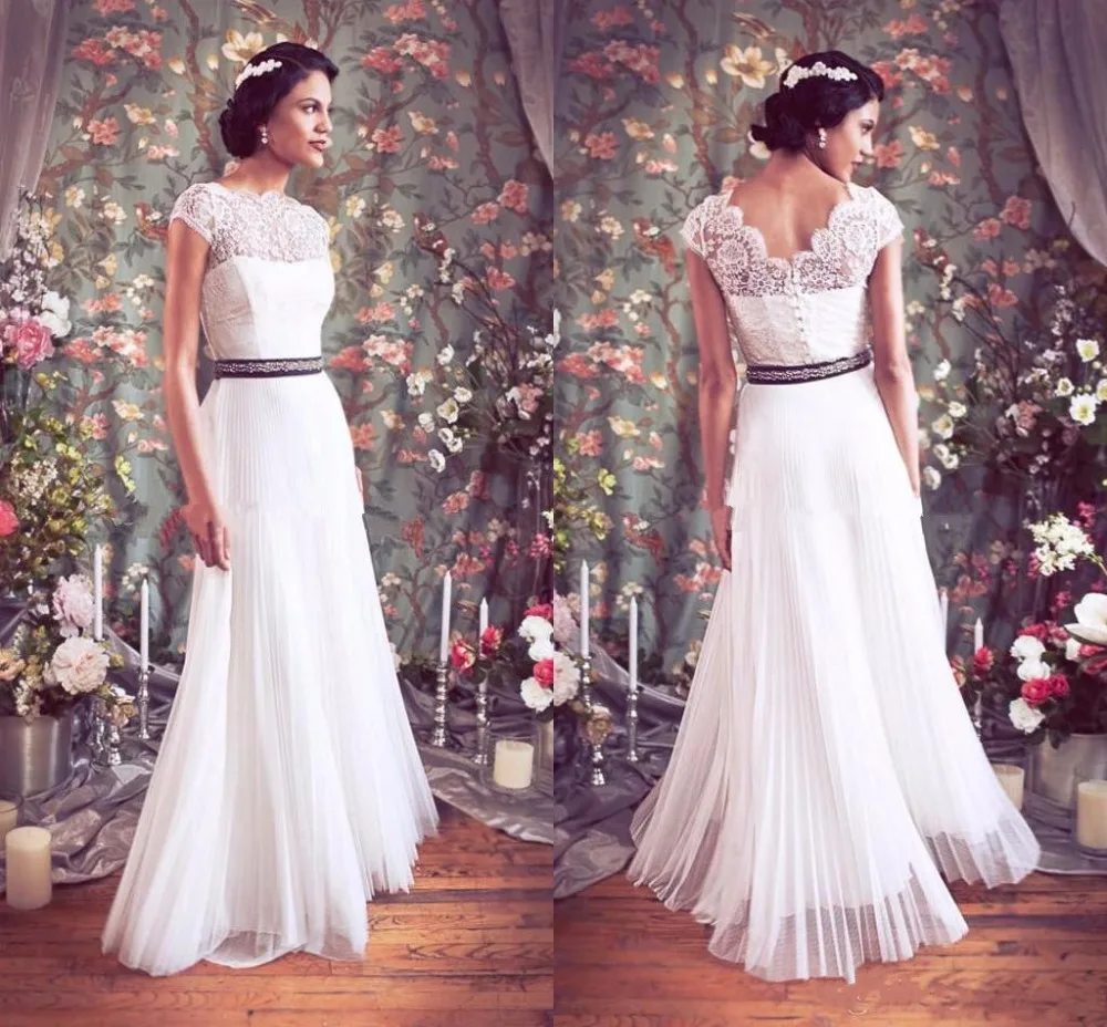 2017 Скромные Кружева Свадебные Платья Плиссе Тюль Пляж Свадебное Платье Чешские