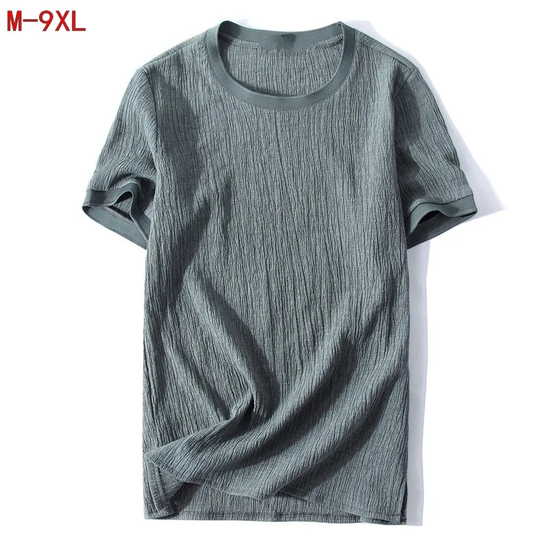 

Summer wrinkle Linen men o-neck stretch plus size t shirt Chinese style fat guy big men's Casual short-sleeve T-shirt 9XL 8XL