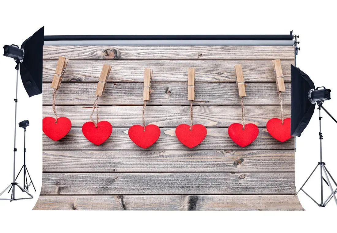 

Valentine's Day Red Hearts Vintage Stripes Wood Floor Wedding Backdrops Photography Backdrop