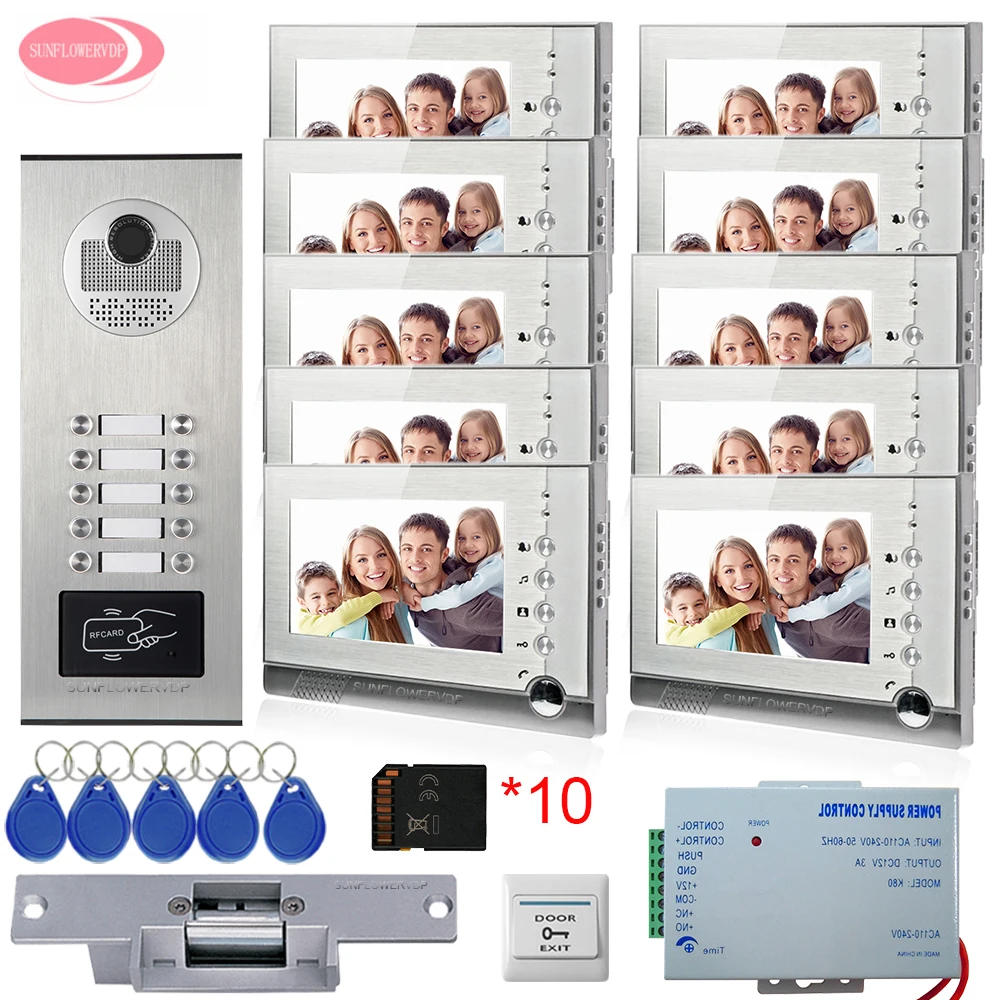 Цветная система внутренней связи 10 7 дюймов видеодомофон кнопок rfid камера + 8 Гб sd