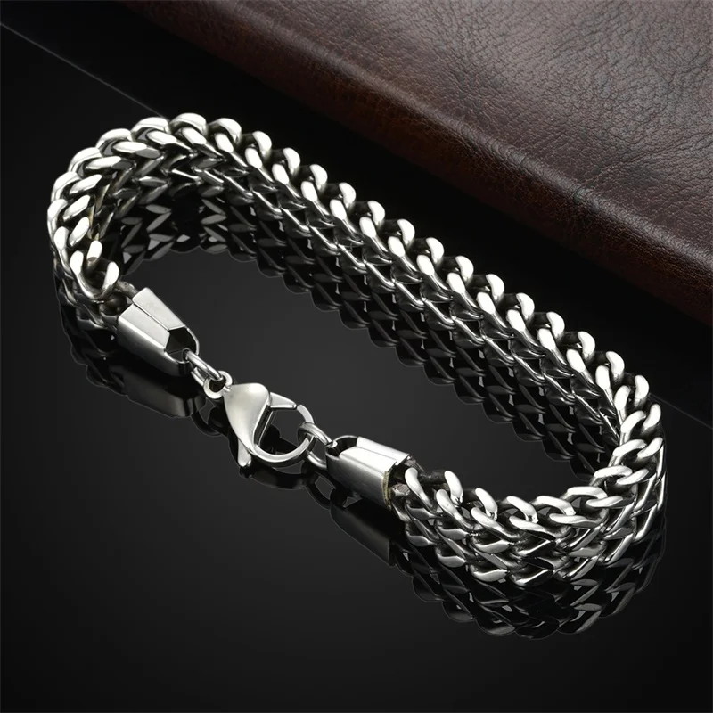 Stainless Steel Double Chain Men Bracelets for Lobster Clasp Silver Color Punk Fashion Men's Jewelry 2019 New Design | Украшения и