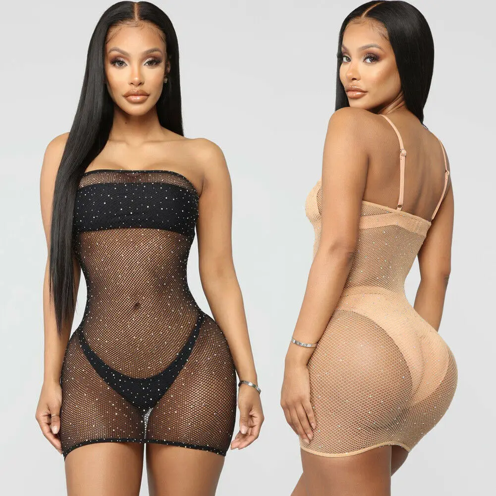 

S-XL Sexy Women Mesh Sheer See Through Dress Bikini Cover Up Swim Bathing Suit