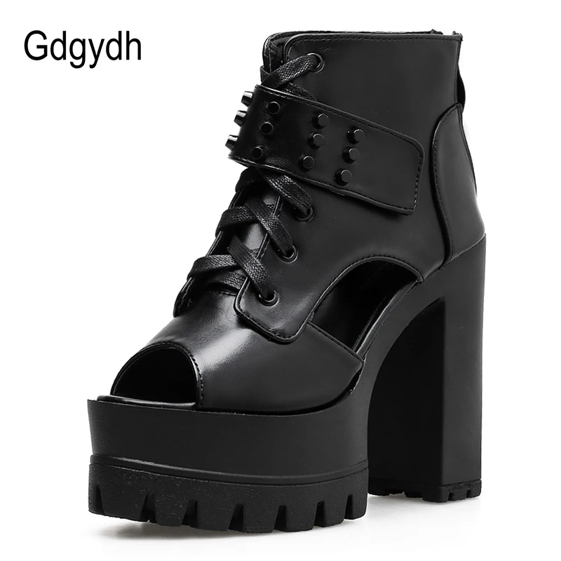 Gdgydh/Модные женские ботильоны с заклепками; коллекция года; сезон весна-лето; летние туфли на шнуровке с открытым носком; женская черная кожаная обувь в стиле панк; Лидер продаж