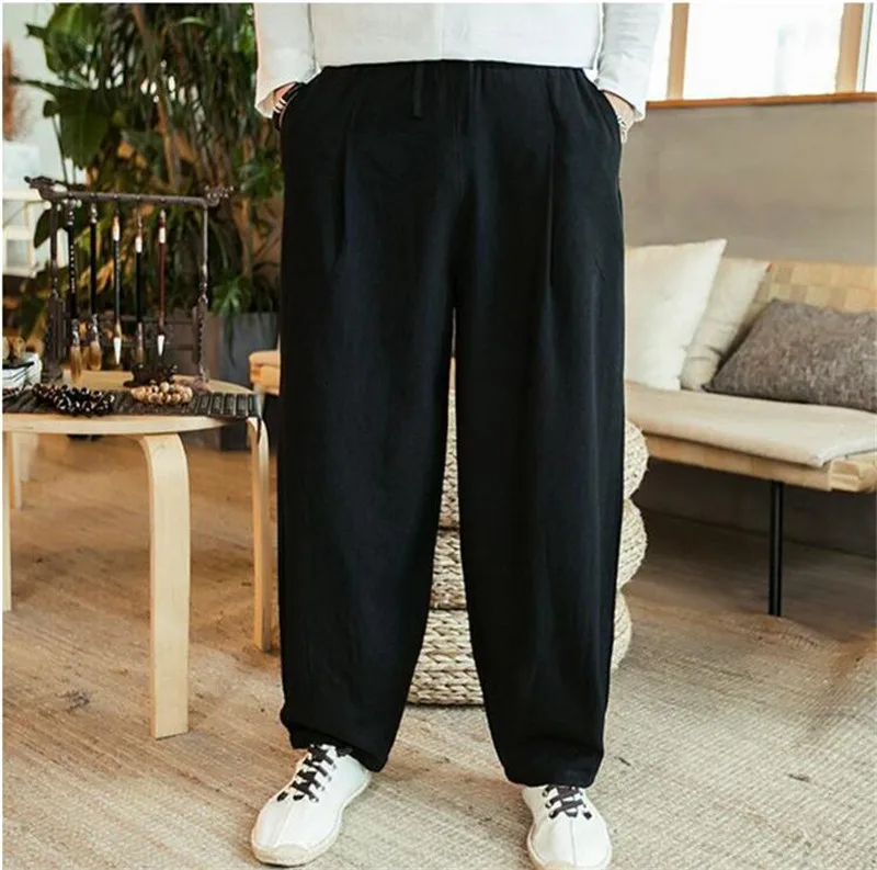 Большие размеры 6XL 7XL мужские широкие брюки хлопковые льняные свободные шаровары летние чистые брюки мужские свободные штаны на шнурке