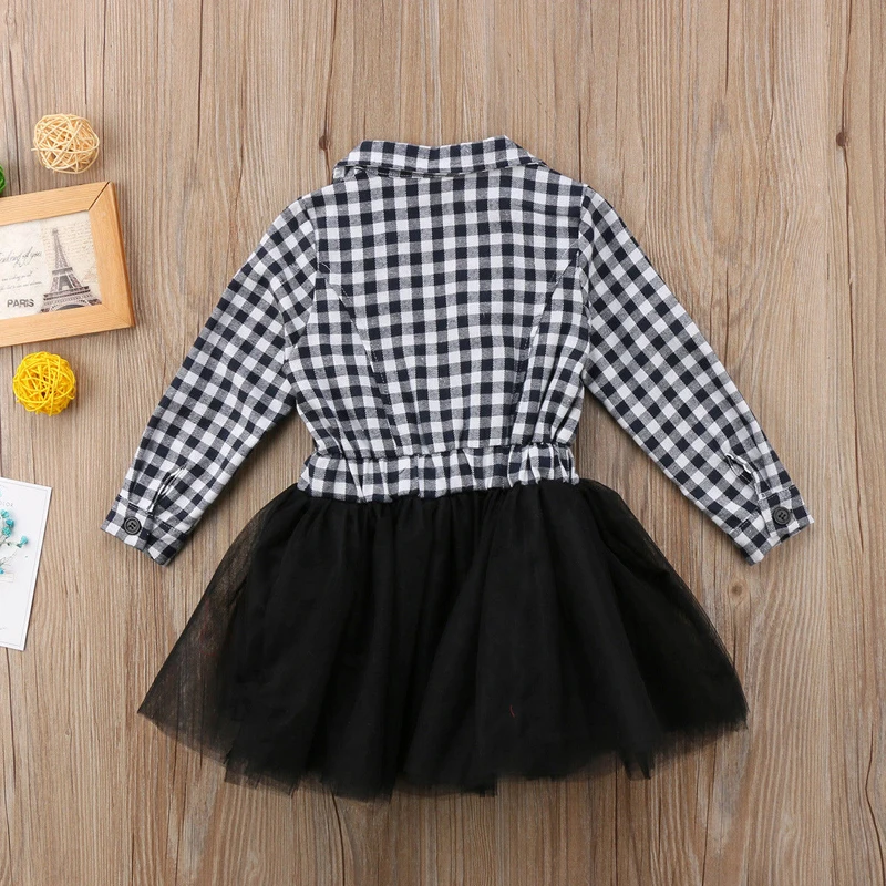 2018 Fashion Casual Cute Newborn Baby Girls Cotton Long Sleeve Turn-down Collar Black White Plaid Sashes Lace Tutu Dress 2-7Y | Детская