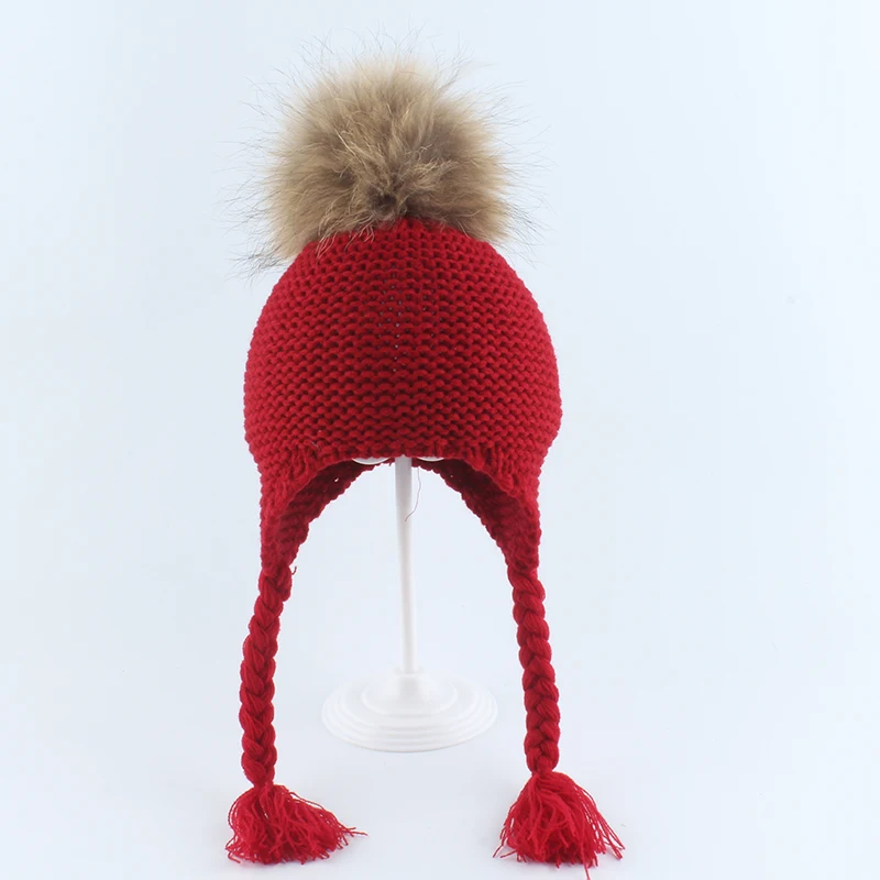 Настоящий помпон из меха енота Beanie шапки для детей мальчиков и девочек Babay зимняя