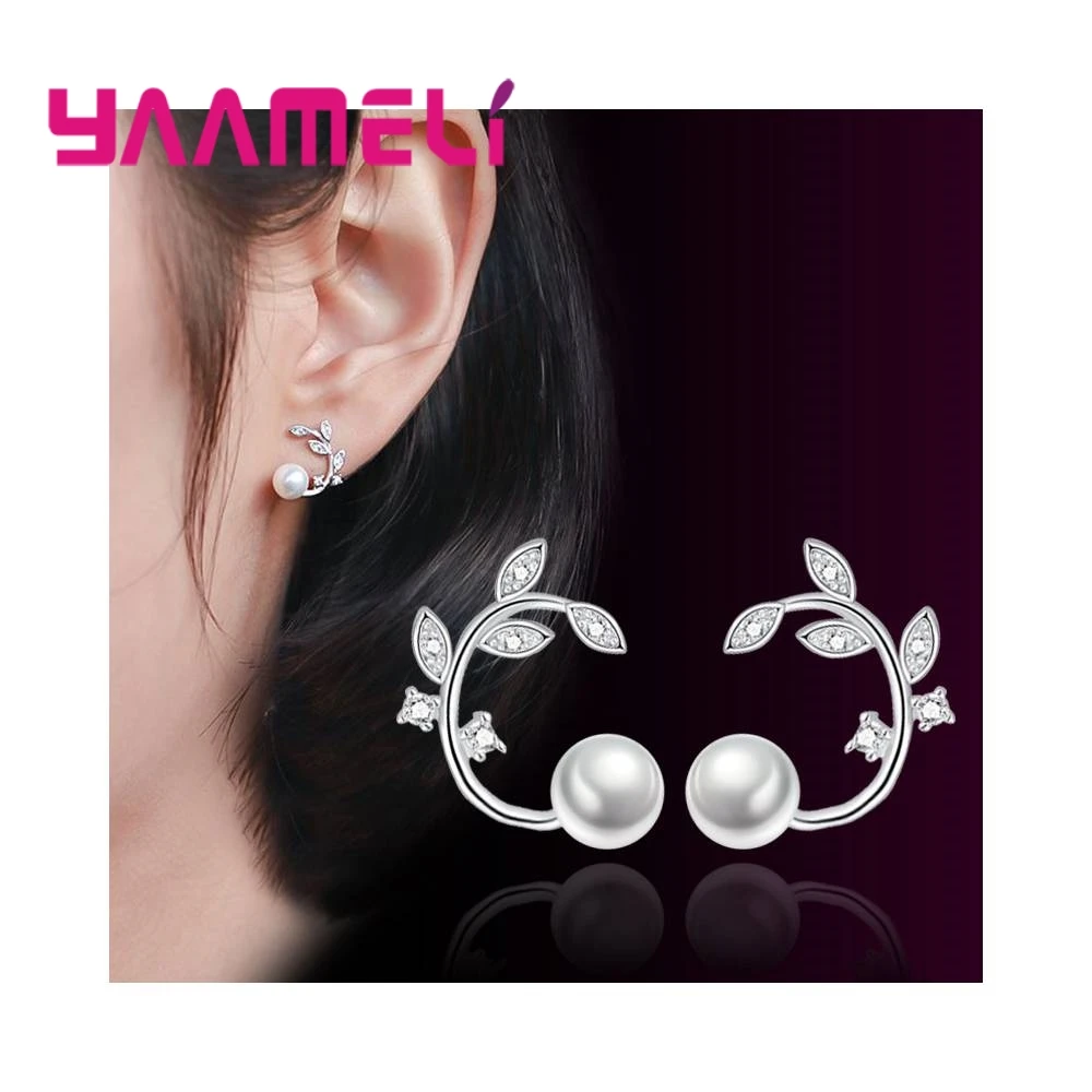 Женские корейские серьги-гвоздики с жемчужинами и листьями из стерлингового