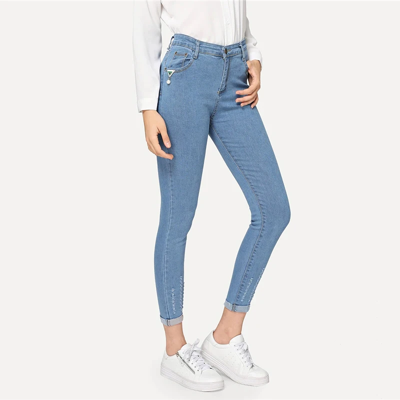 Dotfashion, синие,, однотонные, рваные, свернутые, обтягивающие джинсы, женские, с высокой талией, брюки, Осенние, повседневные, модные, на пуговицах, джинсовые брюки