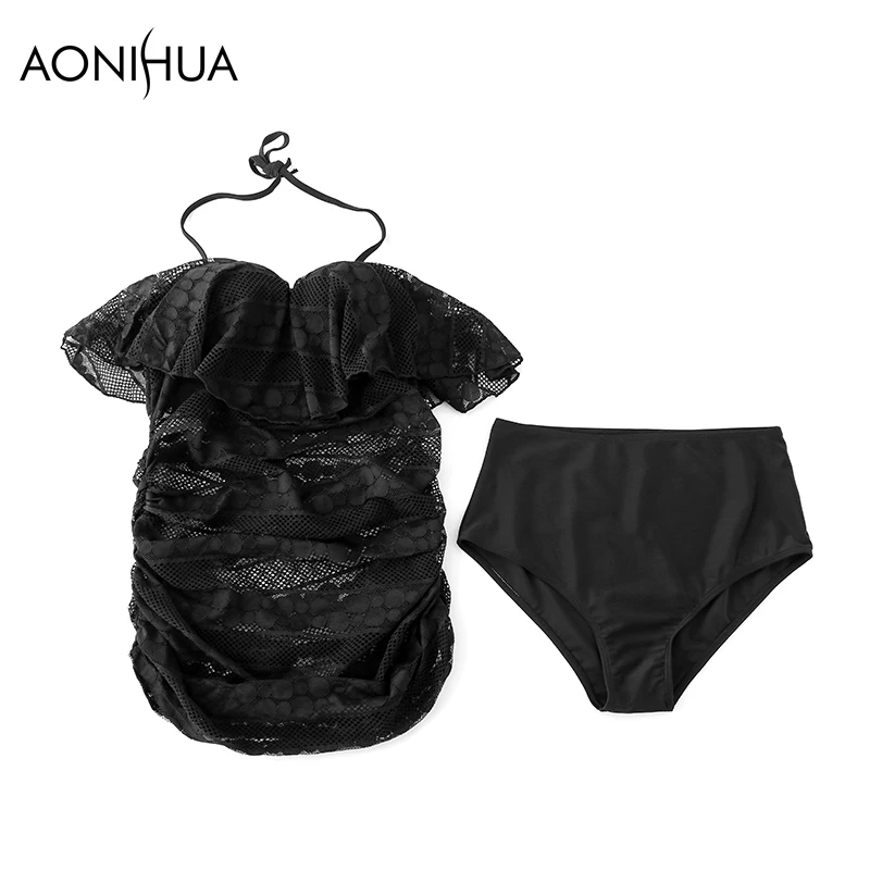 

AONIHUA Bikini Bcrop Top Two Piece Set Solid Color Lace Sexy Bikini Beach Wear Bathing Surfing Sport Swimwear Sexy Swim Suit