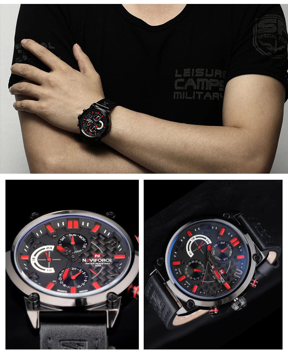 Мужские спортивные часы NAVIFORCE, люксовый бренд, мужские кварцевые часы, ремешок из натуральной кожи,, мужской календарь, 30 м, водонепроницаемые наручные часы