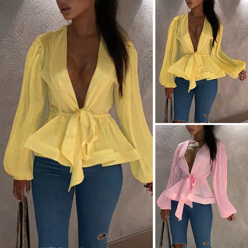 2019 New Women Sexy Deep V-Neck Lace-Up Lantern Sleeve Florescence Summer Beach Tops Shirts |