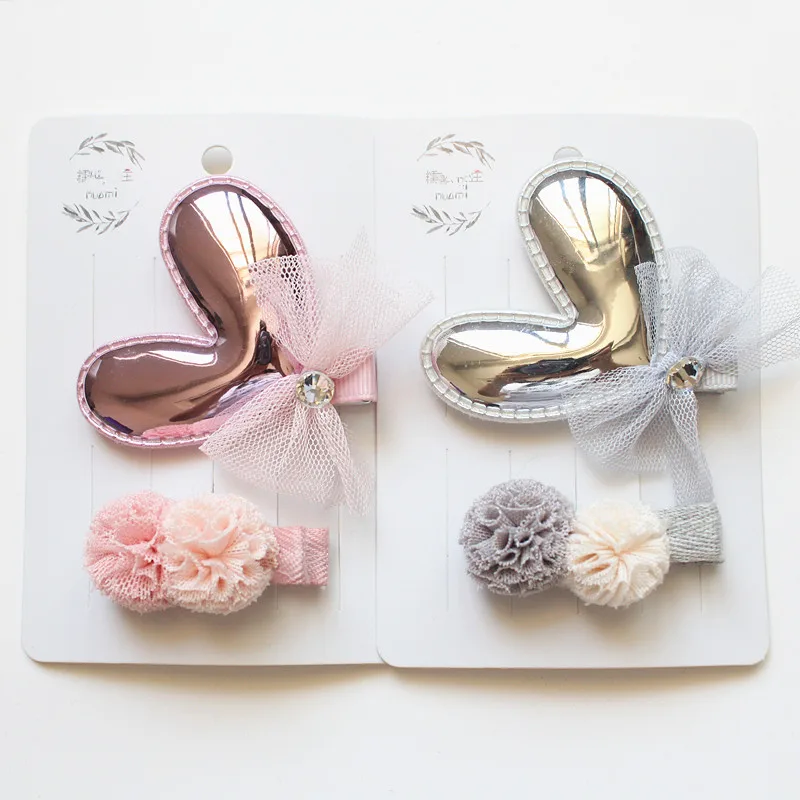 8sets/lot Lovely Hair Shinning Heart Clip Cute Kid Gauze Roll Double Pom Hairpin PU Leather 16pcs for Head |