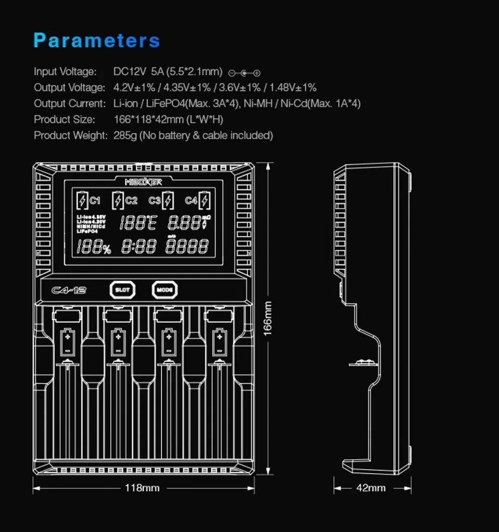 Miboxer C4-12 Смарт Батарея 18650 265650 Зарядное устройство 4-слот ЖК-дисплей Экран 3.0A/слот всего 12A для литий-ионный Тип/IMR/INR/ICR/Ni PK VP4 плюс