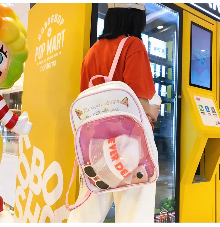 ПВХ прозрачный рюкзак для женщин Harajuku школьные сумки для девочек-подростков мультфильм кошка Ita сумка Ulzzang дамы карамельный цвет рюкзаки
