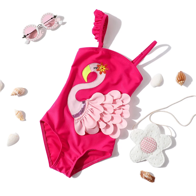 2019 Цельный купальник для маленьких девочек милый розовый красный с фламинго