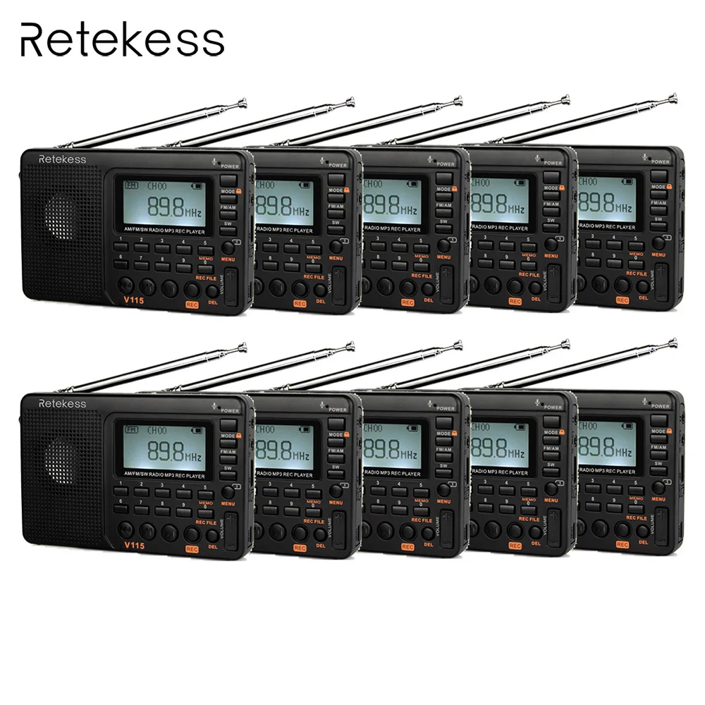 10 шт. Retekess V115 FM/AM/SW радио приемник бас звук MP3 плеер REC рекордер портативный с