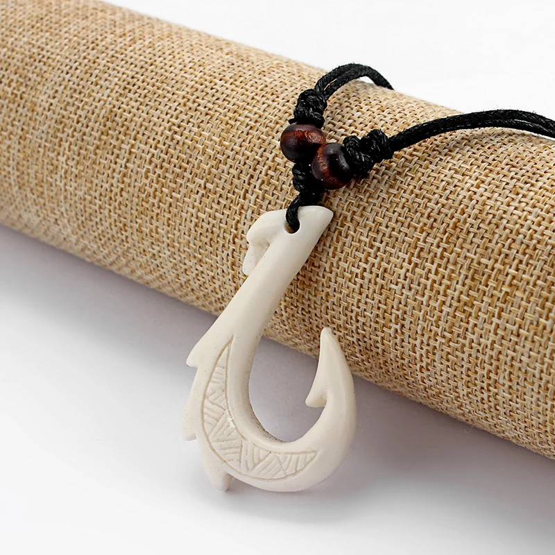 

12Pcs Ethnic Tribal Imitation Yak Bone Resin Carving Maori Hook Pendant Necklace Black Wax Cotton Cord