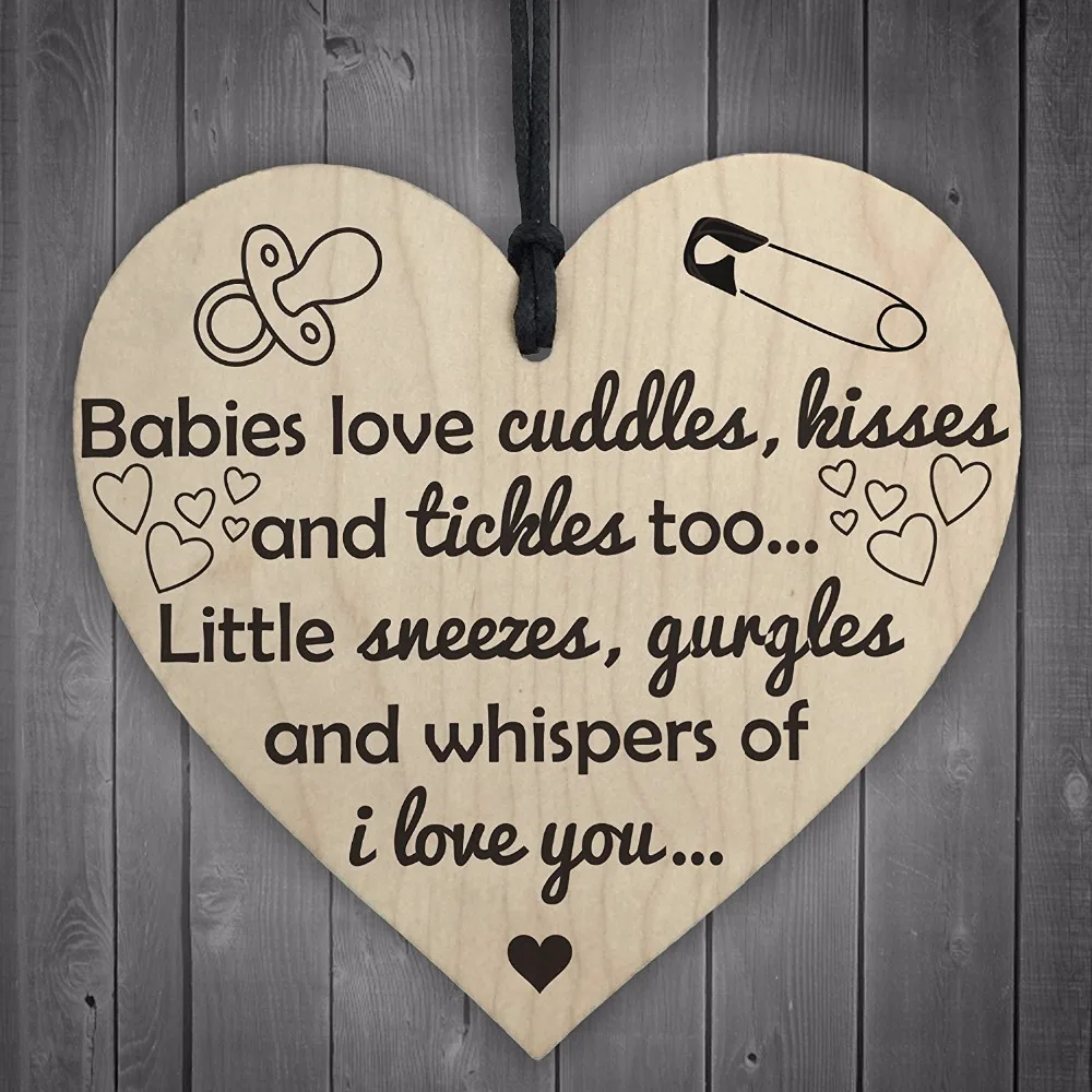 Meijiafei Babies Love Cuddles Kisses Tickles Wooden Hanging Heart Baby Shower Birth Plaque | Дом и сад
