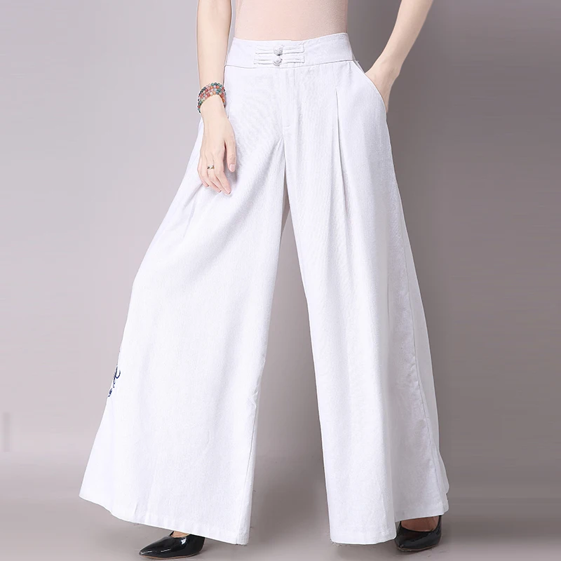 

New Spring Cotton Linen Embroidery Wed Leg Pants Embroidered Pants Retro Charm Wide Leg Pants Women Long Pants