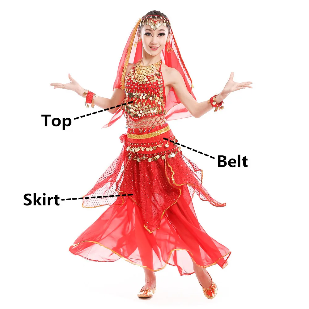 Red 3pcs Костюмы для танца живота для детей, девочек, детская юбка для танца живота, Болливуд, танцевальное платье, для выступлений, соревнований, индийский комплект одежды - Цвет: Red 3pcs