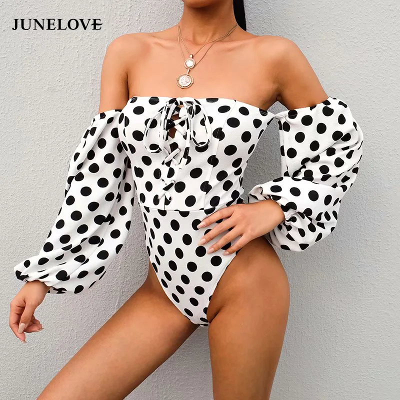 Женское боди с длинным рукавом JuneLove винтажные открытыми плечами в горошек