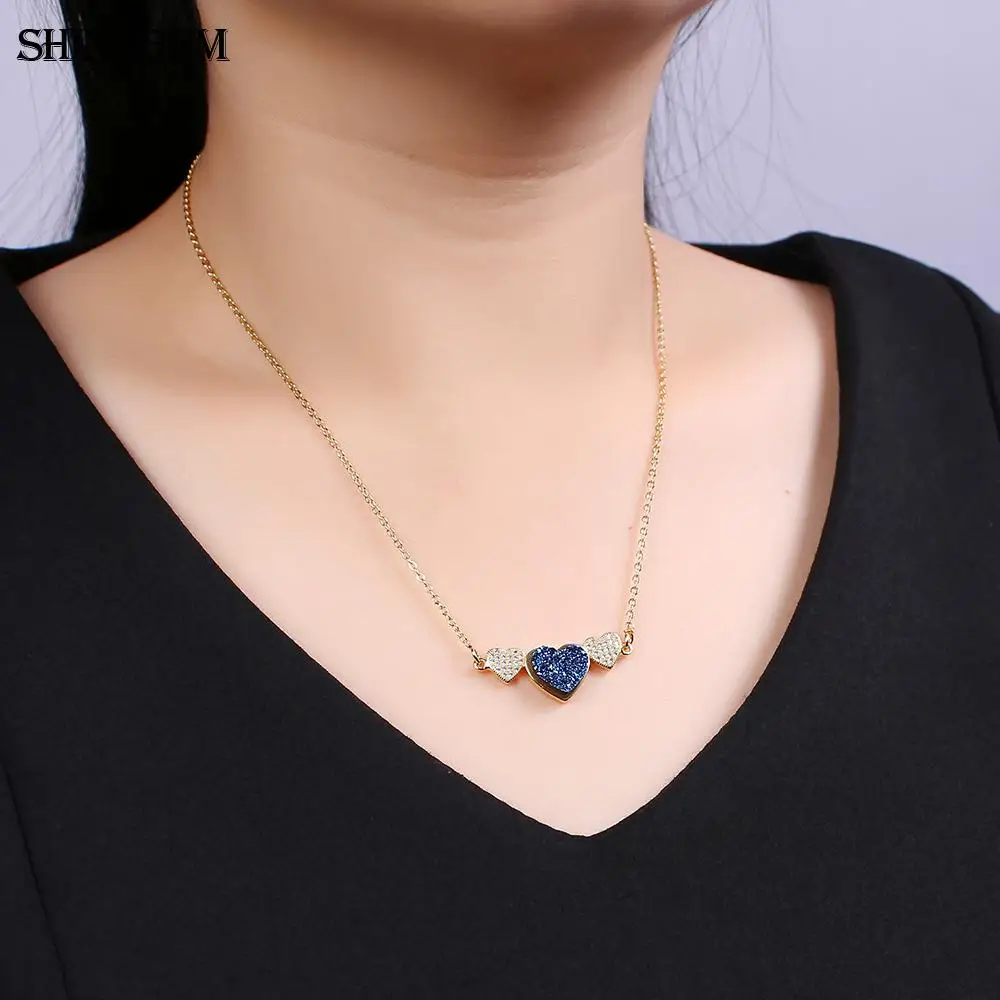 ShinyGem Druzy тройное Сердце ожерелье s золотое покрытие натуральный камень сердечко CZ