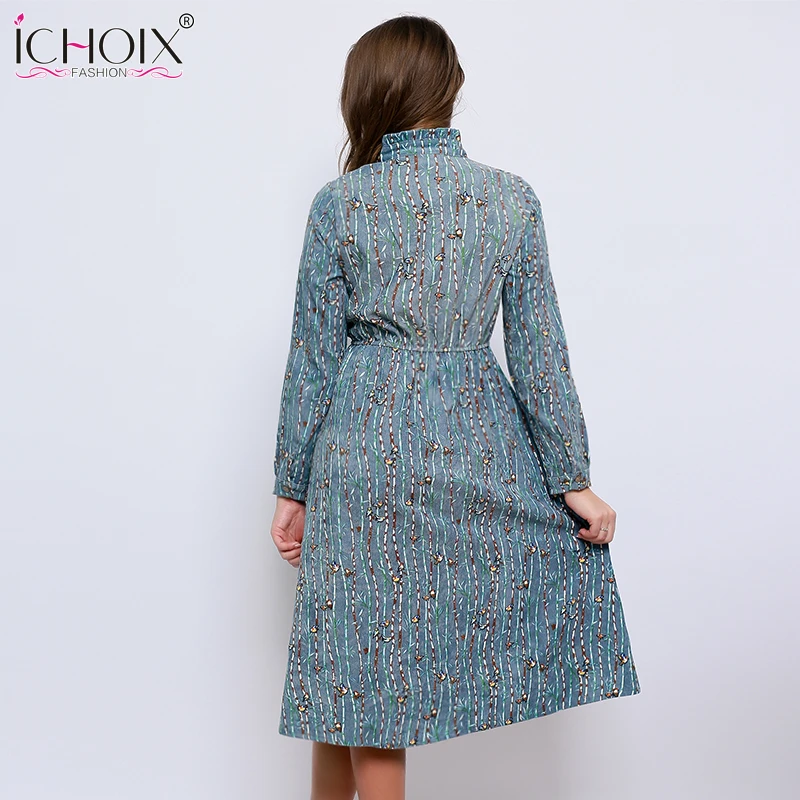 2019 осень зима Заниженная Талия платье трапециевидной формы цветочный принт