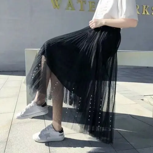 

2019 Newest Women Princess Ballet Tulle Pleated Skirt Female Sweet Beading Bouffant Lace 6 Color Skirt for Casual Party