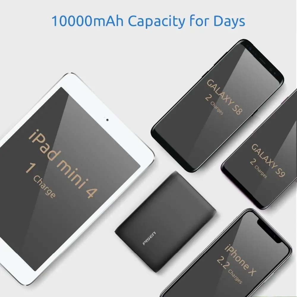 PISEN 10050 mAh 5 V/2.4A быстрая зарядка банк питания type-C и Micro-USB Двойной вход