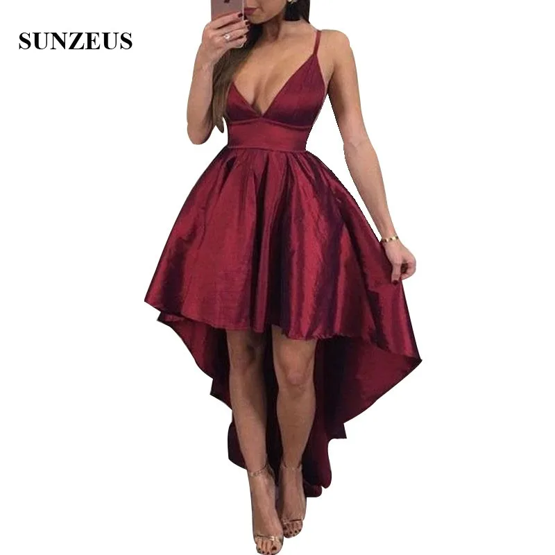 

Empire Waistline Burgundy Taffeta Bridesmaids Dresses High Low Design Spaghetti Straps Sexy V-neck Party Gowns For Girls