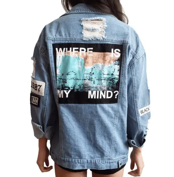 Где мой ум? Женская джинсовая куртка Корея KPOP с эффектом поношенности вышивка