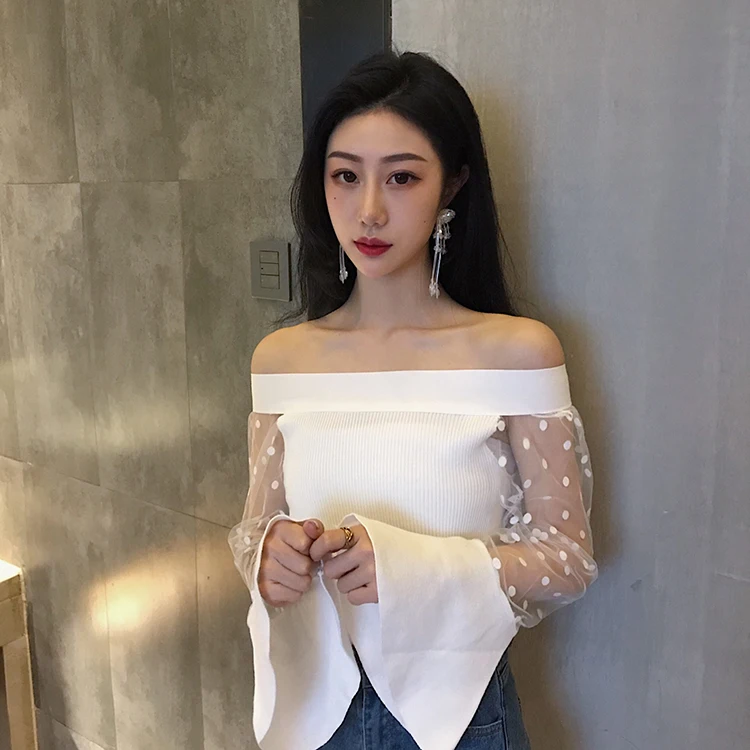WHITNEY WANG 2019 Весна Осень Мода Уличная Сексуальная Слэш шеи точка сетки лоскутное Flare