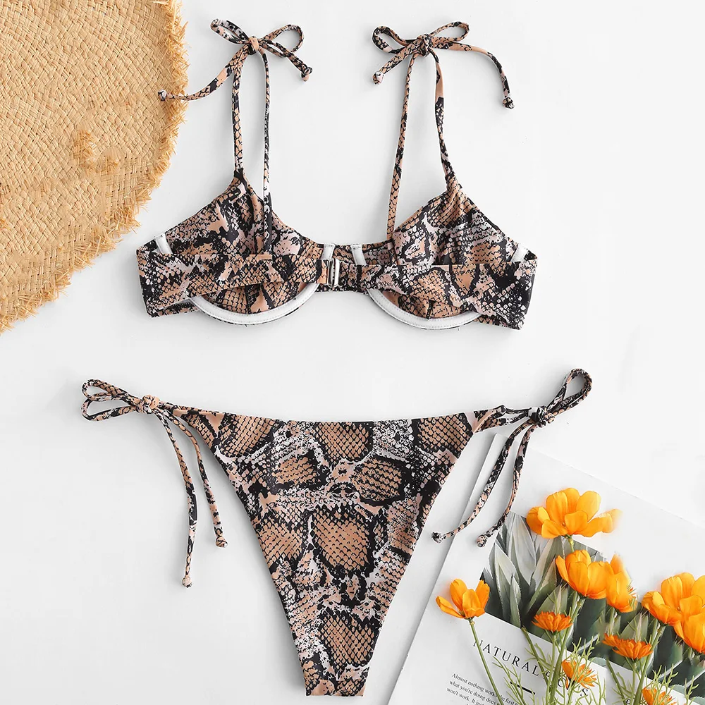 ZAFUL Snake Print Tie Shoulder Underwire Bikini Set Spaghetti Straps Women Swimsuit Padded Swimwear Low Waisted Bathing Suit | Женская