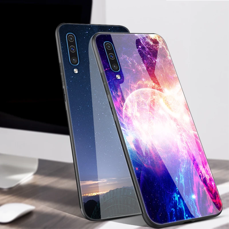 Чехол для samsung A50, A505F, закаленное стекло, Жесткий Чехол для задней панели, для samsung Galaxy A50 A 50, TPU, бампер для телефона, чехол с планетой и космосом