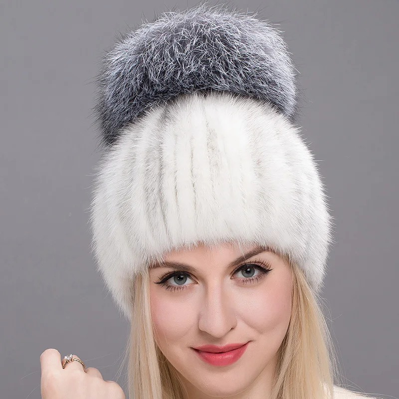 

2020 new fashion women's leather mink fur hat winter knit water mink fur hood with silver fox fur JKP thick hat DHY17-04