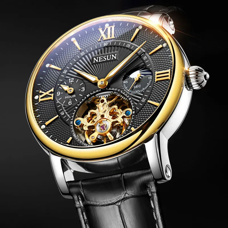 Gold-black Nesun оригинальные Роскошные Брендовые мужские турбийон автоматические механические часы модные спортивные кожаные часы Швейцария Relogio Masculino - Цвет: Gold-black
