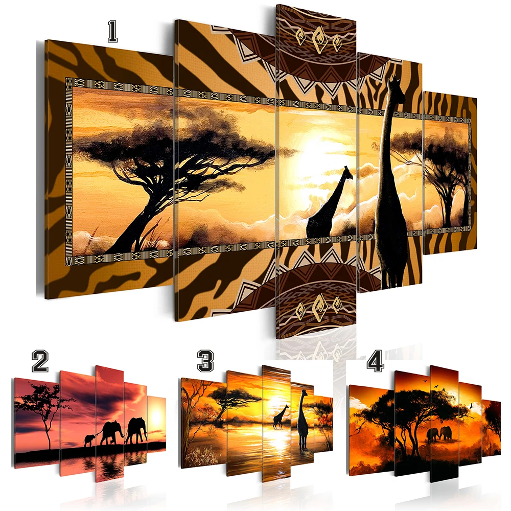 

2019 Canvas Print Modern Fashion Wall Art the African Animals Sunset Landscape Elephant Giraffe for Home Decoration No Frame