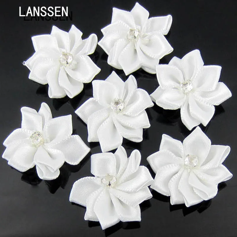 40Pcs White Handmade Small Fabric Satin Flowers with Rhinestone Appliques Sewing Wedding Garment Accessories Craft Flowers 28mm