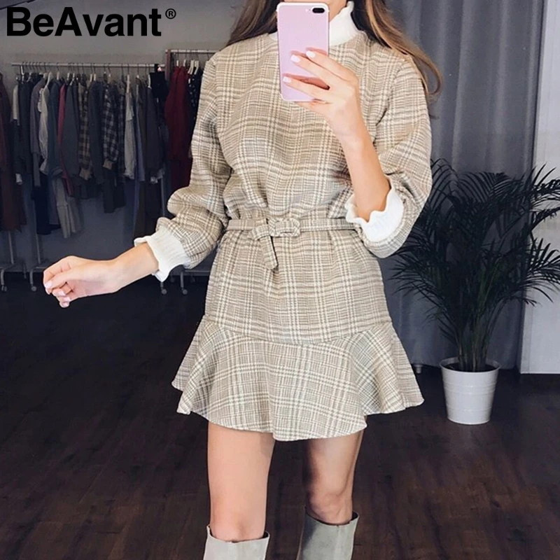 BeAvant Элегантное платье в клетку женское коротким трикотажным платьем с рюшами и