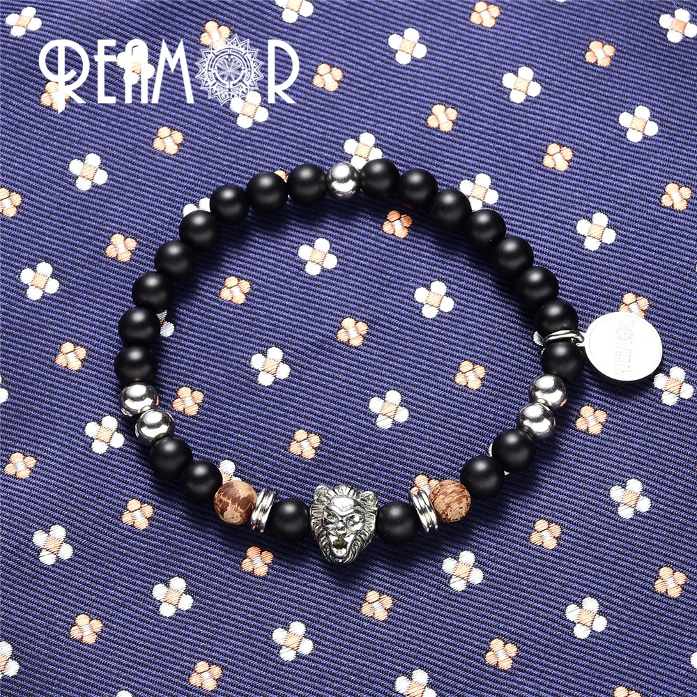 Мужской браслет из нержавеющей стали REAMOR 316L с натуральным черным матовым ониксом