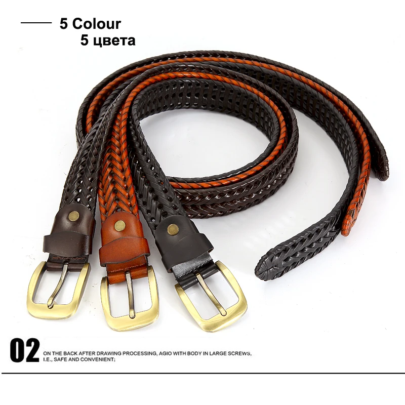 Мужской широкий ремень из натуральной кожи [DWTS] коричневый Плетеный коровьей