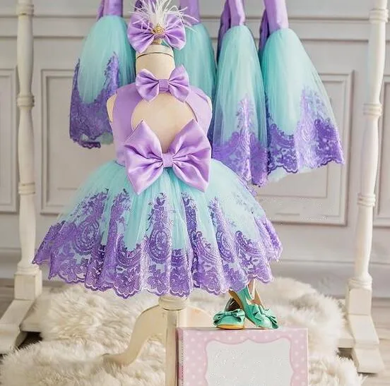 2018 new teal and purple backless little princess infant first birthday dress ball gown girl kid tea party dresses with bow | Детская