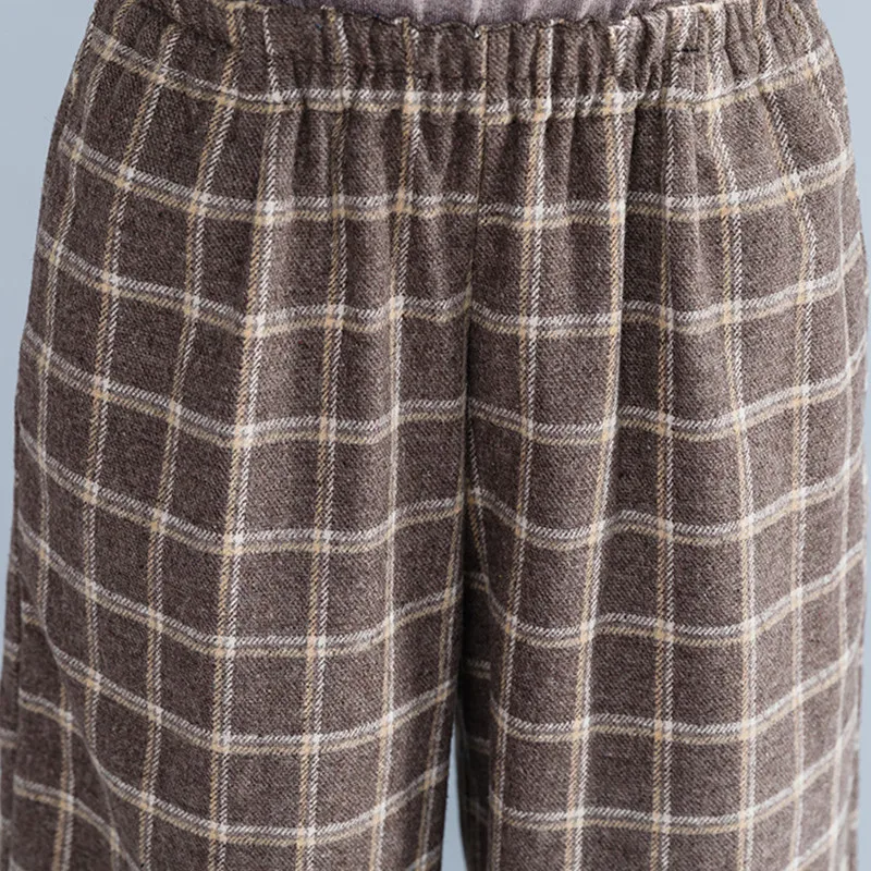 

Thick Spring Winter Woolen Pants Women Elastic High Waisted Casual Loose Wide Leg Plaid Pants Plus Size Capri Ladies Trousers