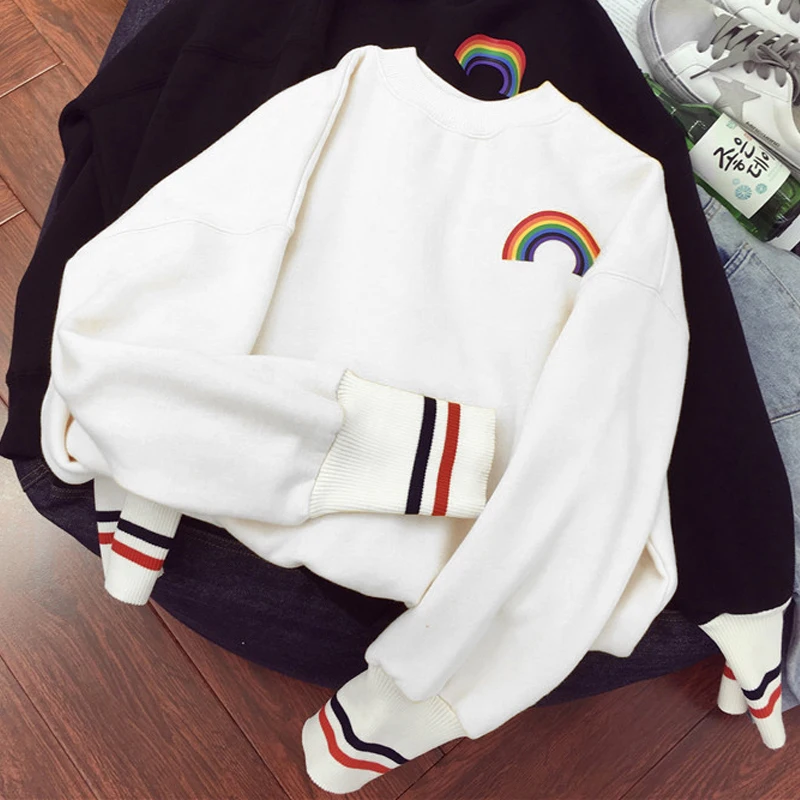 YouGeMan Осень Зима Кофты женские Толстовки корейский Ulzzang Harajuku Радуга полосатый бархат толстовка Девушка Пуловеры Топы - Цвет: Thin