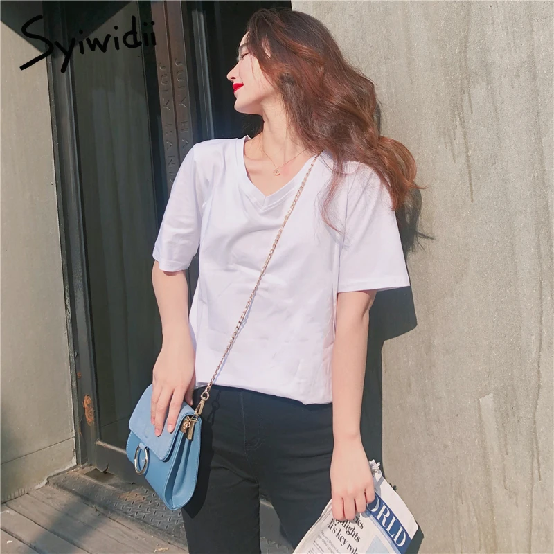 95% хлопковая Футболка женская Повседневная футболка с коротким рукавом и v