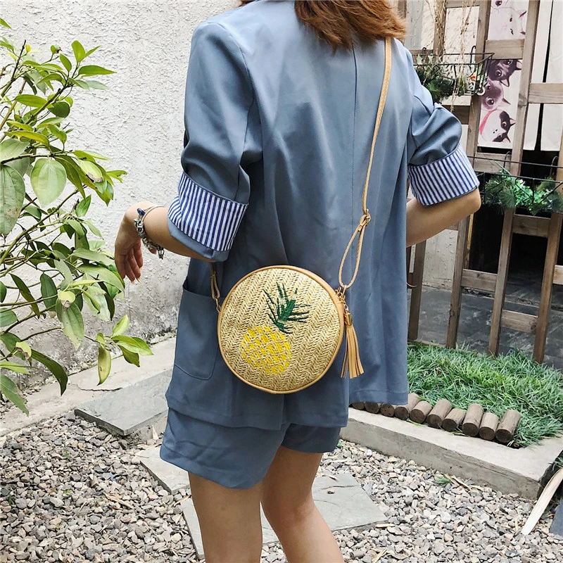 EaseHut Boho женские круглые соломенные сумки с вышивкой в виде листьев ананаса винтажные праздничные летние пляжные Дикие повседневные маленькие плетеная Сумка из ротанга