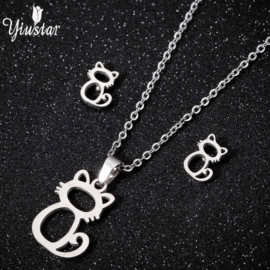 Silver Jewelry Sets Yiustar колье с кулоном в виде кота, серьги-гвоздики, наборы для женщин, стальная бижутерия, наборы, полый Золотой Длинный чокер, серьги, ожерелье - Окраска металла: Silver Jewelry Sets