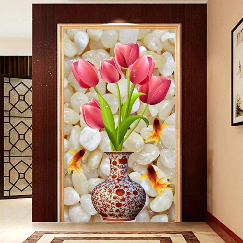 Алмазная вышивка сделай сам круглая Ваза тюльпан вертикальное издание Стразы 5D