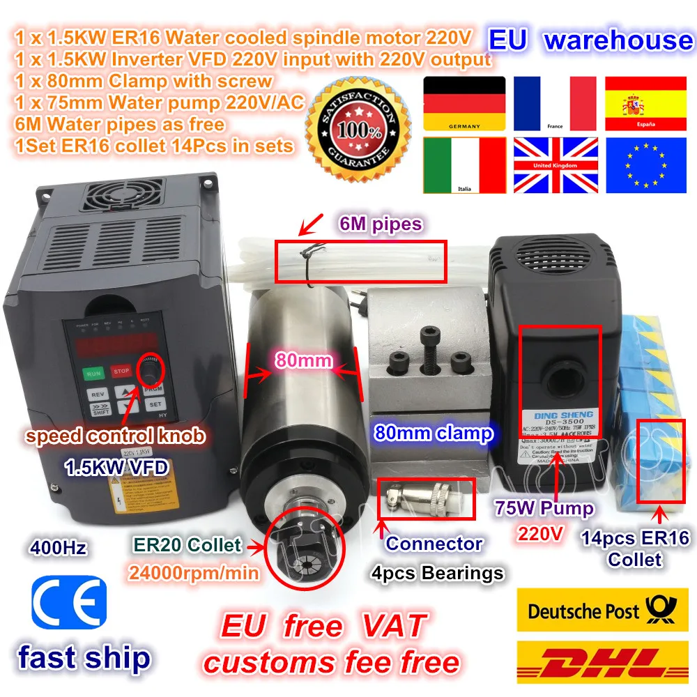 【EU ship】 1.5KW ER16 шпиндель с водяным охлаждением и 1.5kw VFD инвертор 220В 1 комплект Цанга